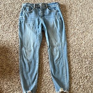Light blue Loft jeans - distressed, high waist and raw hem. Like new!